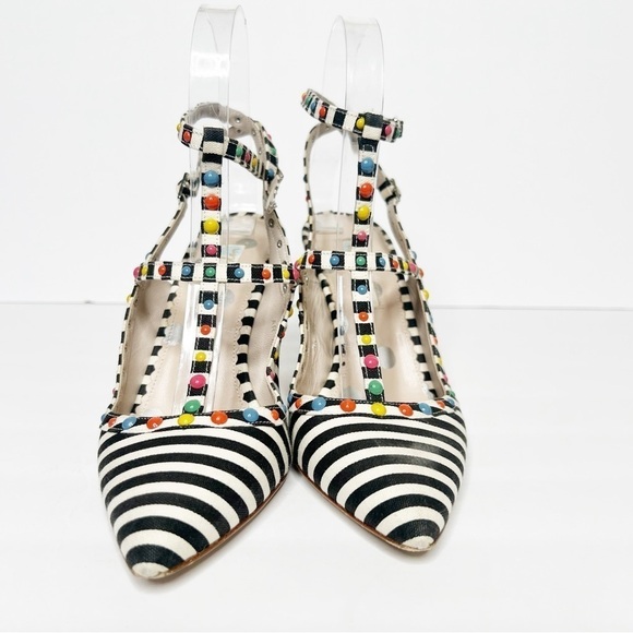 Boden Ashley T-Bar Striped Courts Heels Colorful Studs Size 37 6 Women’s - Picture 5 of 6